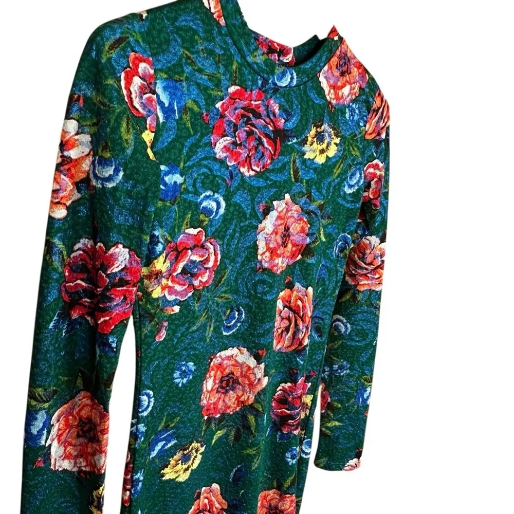 Zara Trafulac Bodycon Side Ruched Green Floral Long Sleeve Midi Dress Sz S - Picture 5 of 11